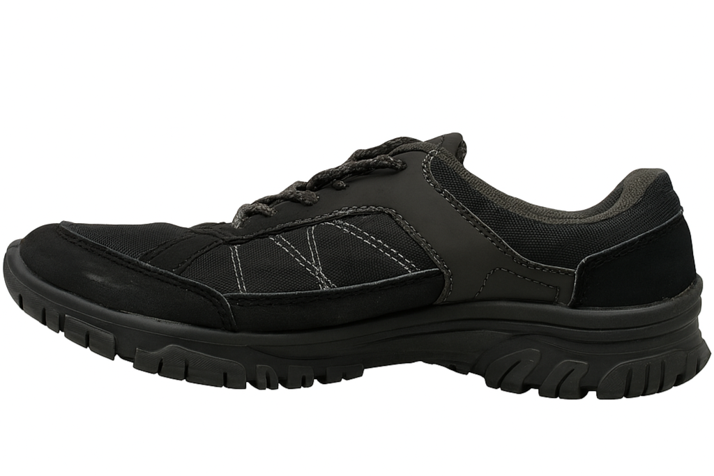 Black athletic shoe on a white background
