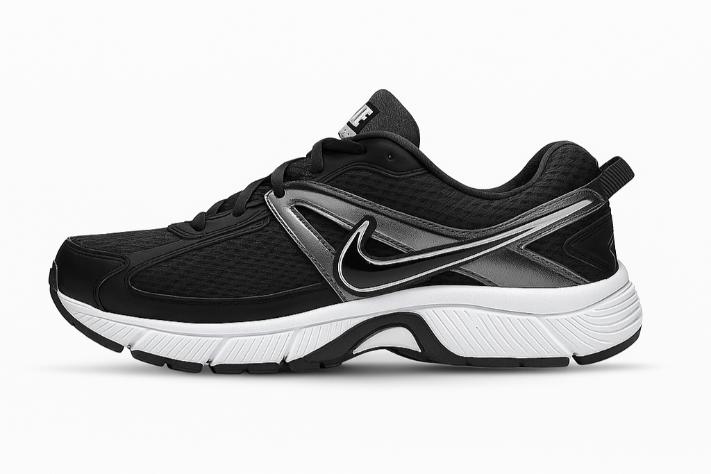 Black and gray running shoe with white sole on a white background