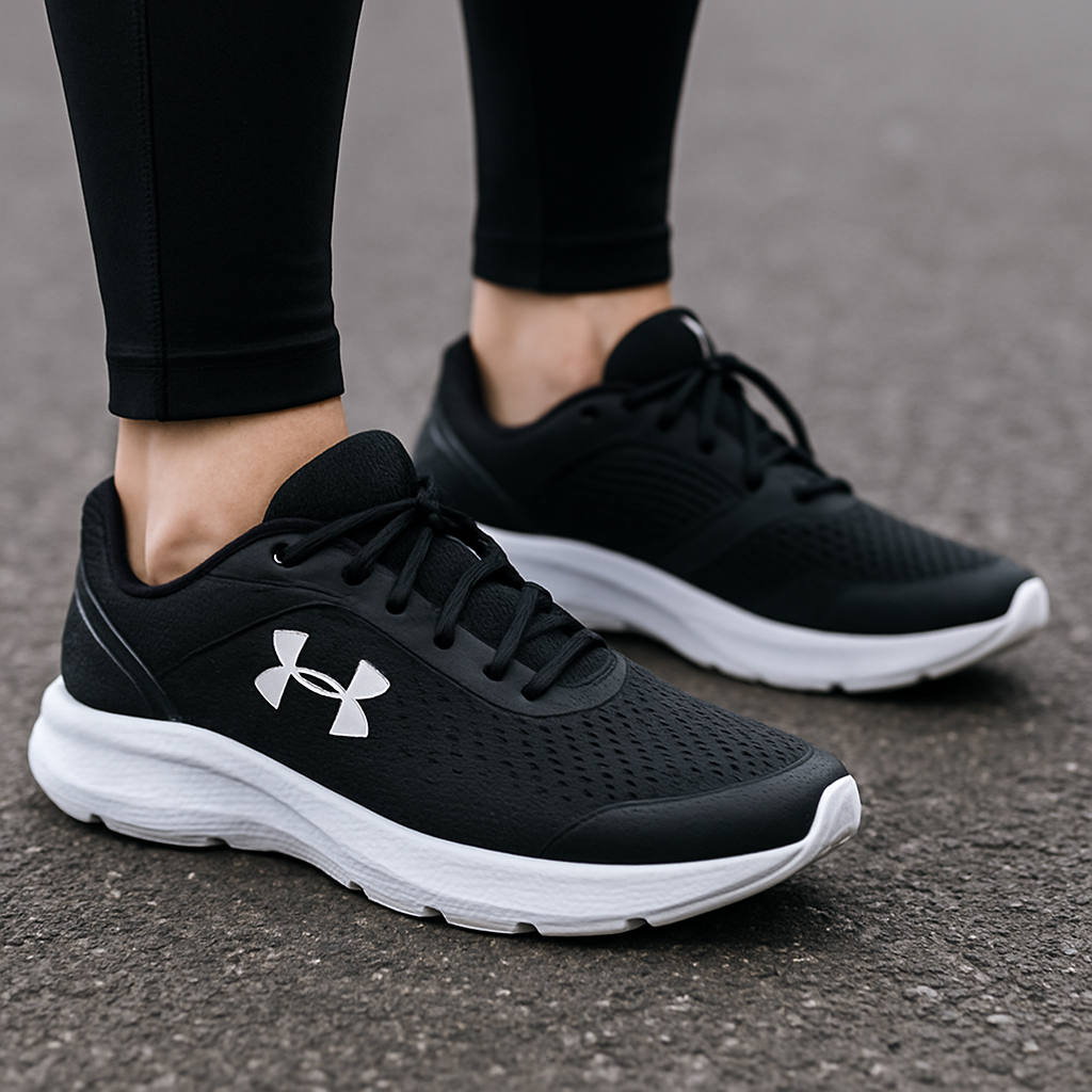 Close-up of a runner’s legs wearing Under Armour Charged Pursuit shoes on asphalt track