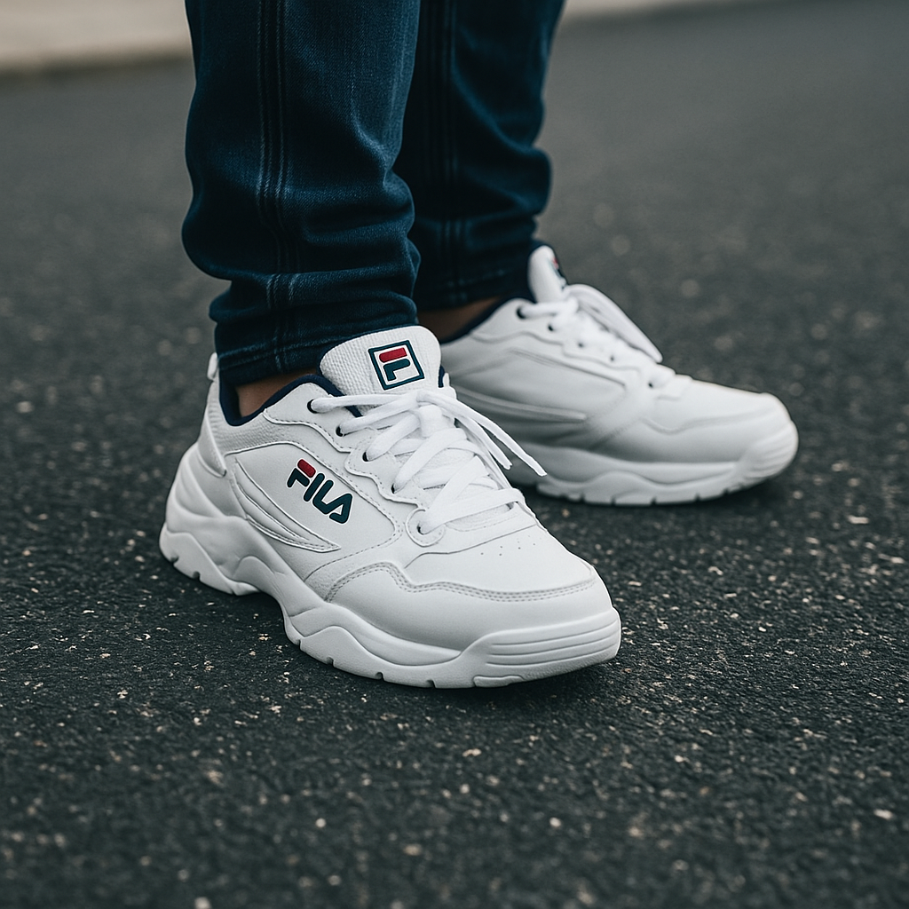 Person’s legs wearing white FILA Disruptor II sneakers on grey asphalt sidewalk