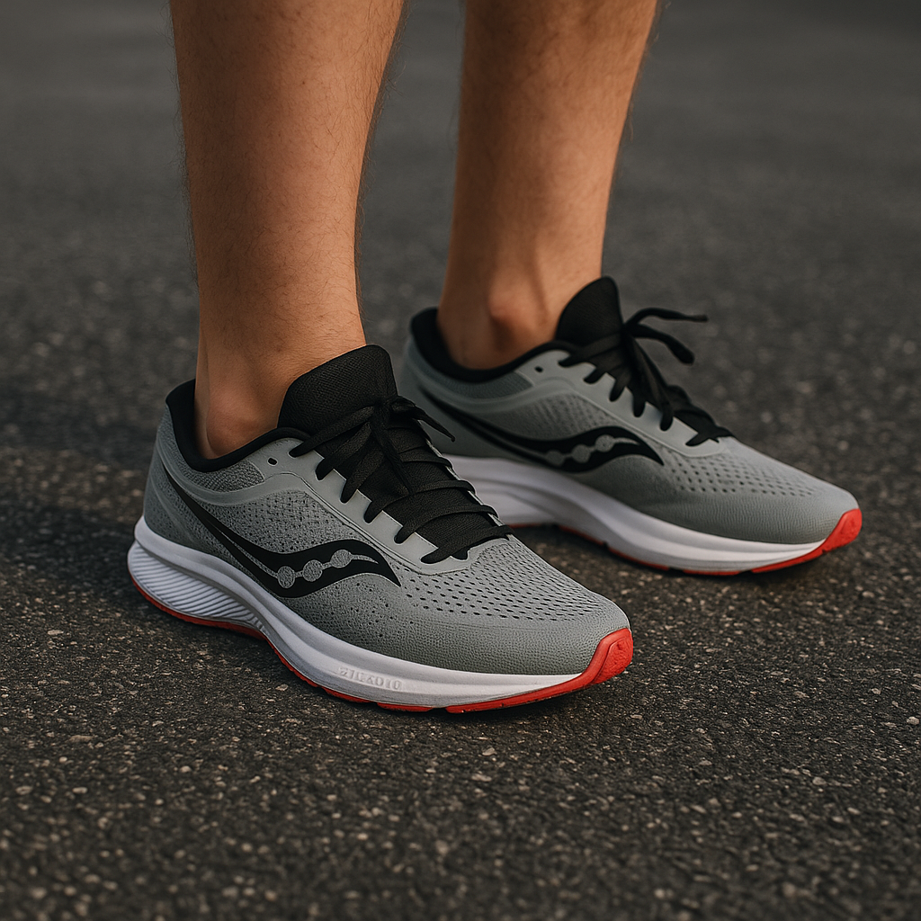 Close-up of legs wearing orange Saucony Kinvara running shoes on red track lane and asphalt