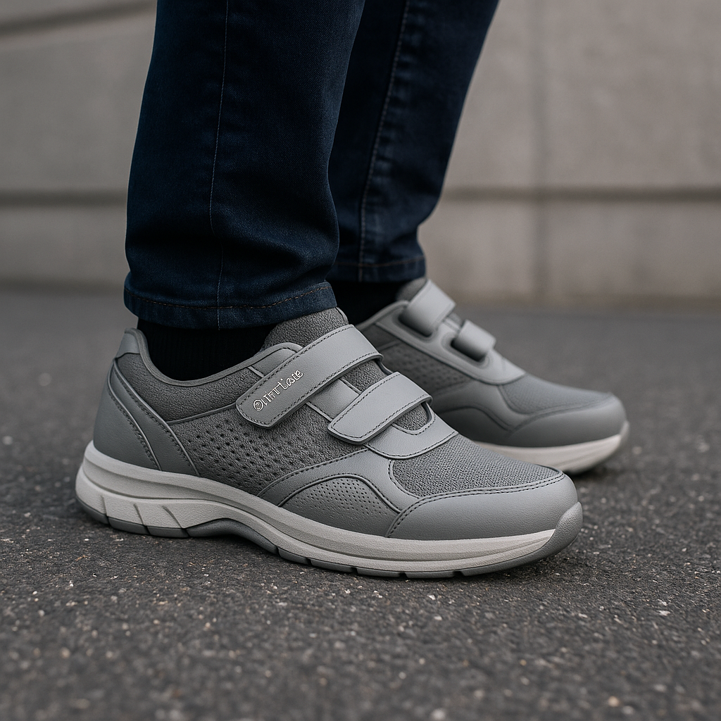 Alt="Side view of legs in gray Orthofeet diabetic footwear on a black urban asphalt surface