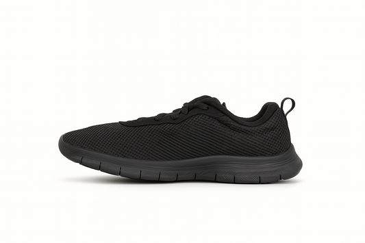 Black athletic shoe on a white background