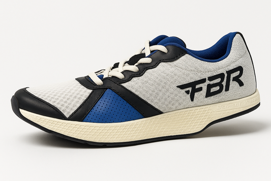 White and blue athletic shoe with black accents on a white background