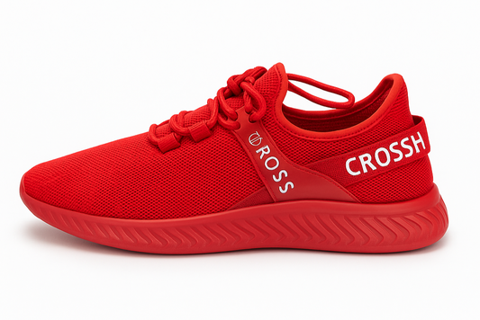 Red sneaker with 'ROSS' branding on a white background