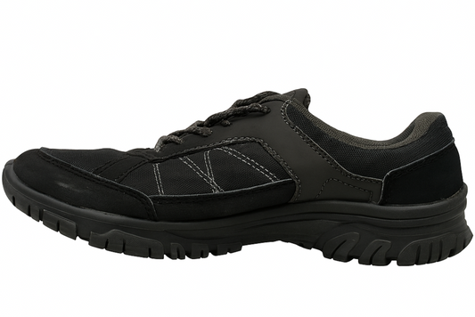 Black athletic shoe on a white background