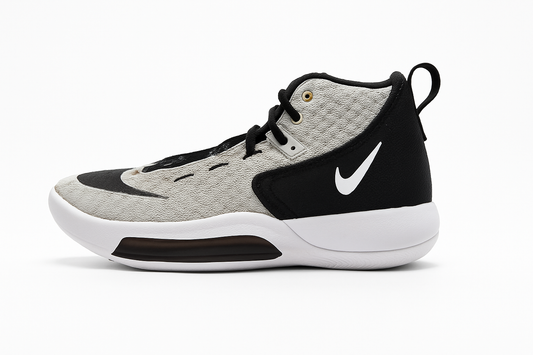 Gray and black Nike basketball shoe on a white background