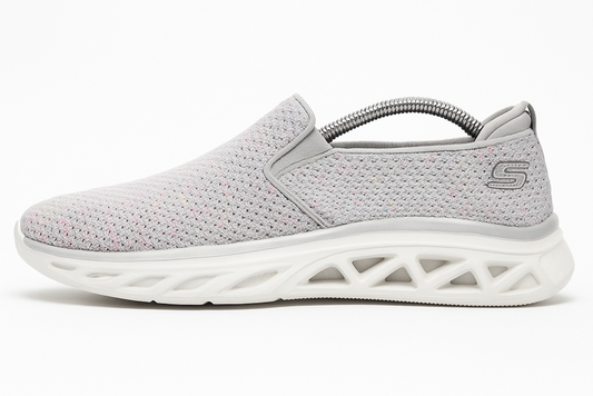 Gray slip-on sneaker with white sole on a white background